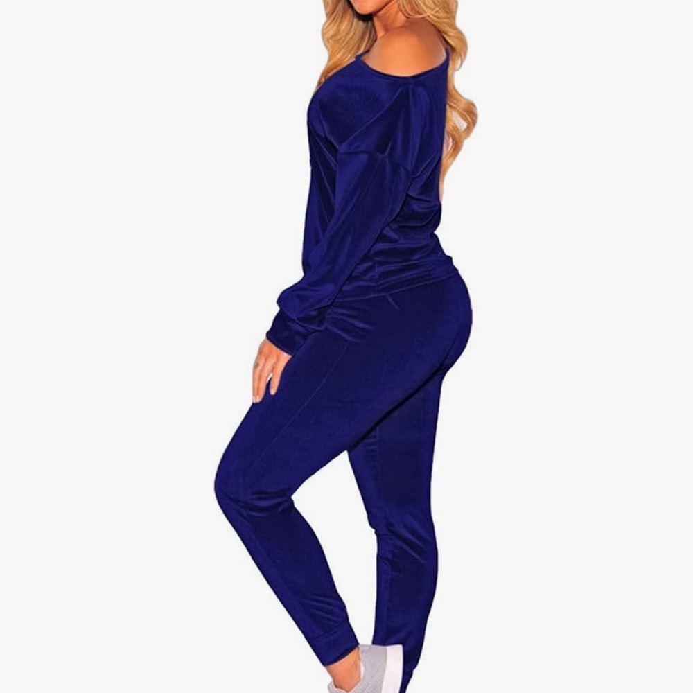 Sleek & Chic Velvet Vibes! Selowin Off-Shoulder Velour Set Sapphire Blue. XL